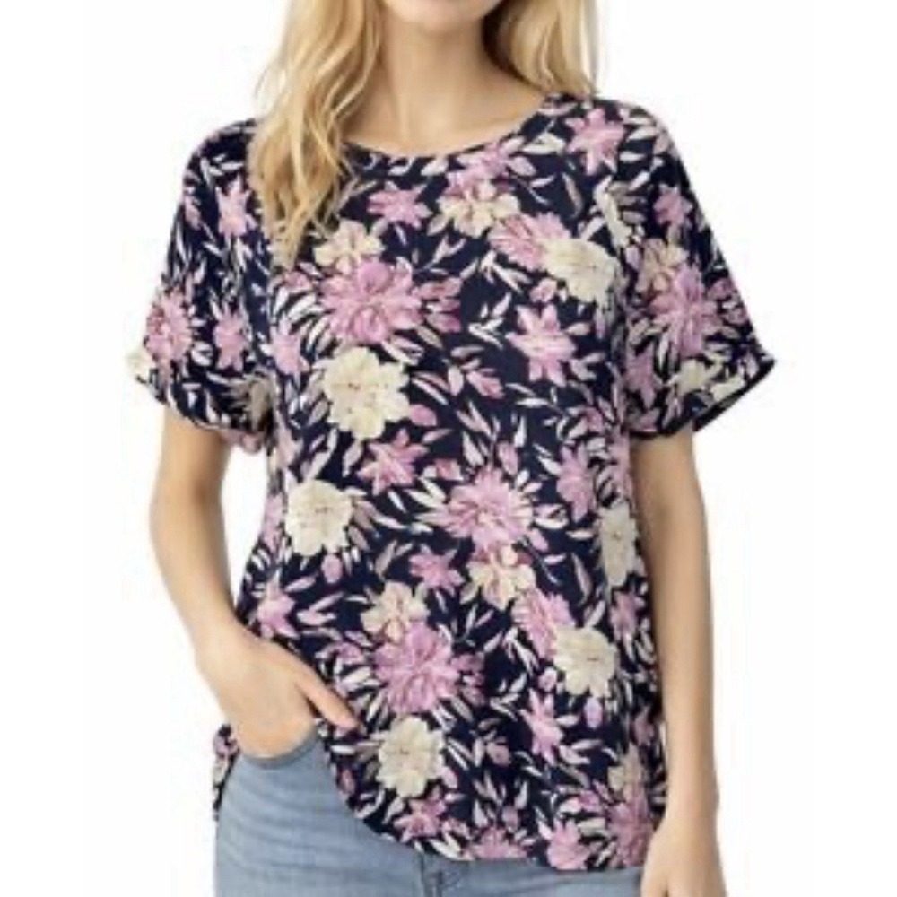 Sundance Romantic Floral 100% Cotton Short Sleeve Pullover Top Women's Size XL
